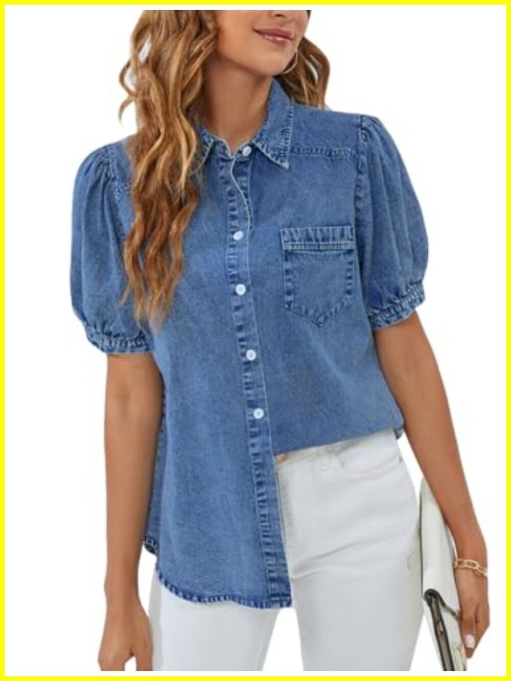 Women's Denim Button Down Shirt Puff Sleeve Business Casual